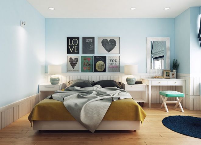 Дизайн на спалнята в бели и сини тонове