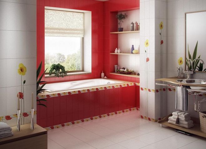 красная плитка в ванной