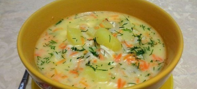 sýrová polévka s nudlemi a kuřecím masem