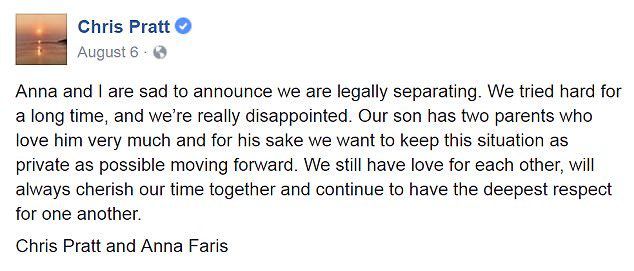 Публичное заявление Криса Пратта и Анны Фэрис  в Facebook