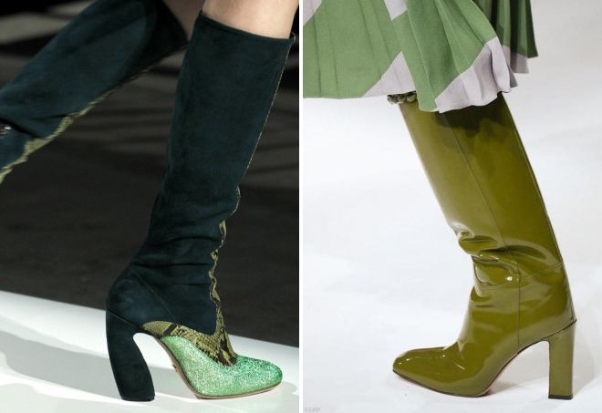 зеленые сапоги на каблуке