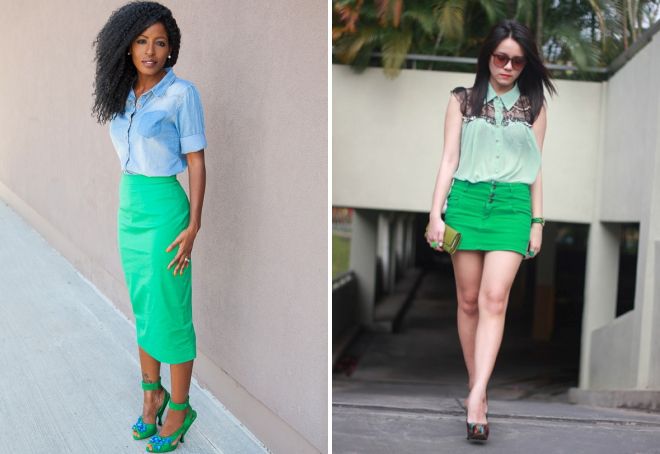 trendové džínové zelené sukně