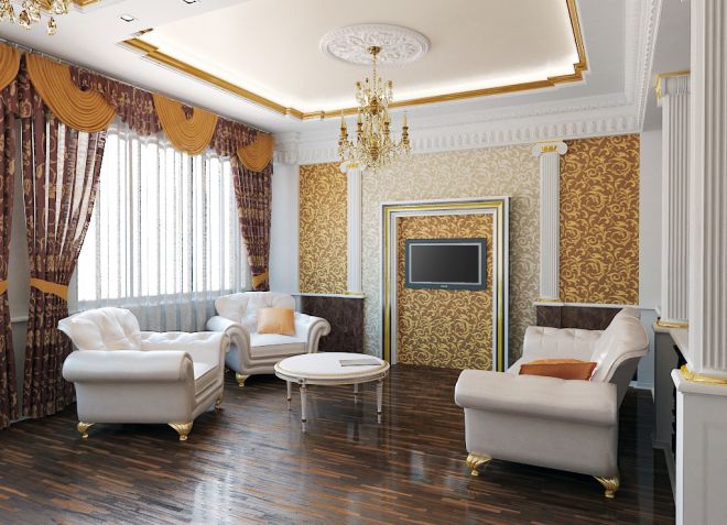 beli strop v notranjosti klasičnega slogu dnevne sobe