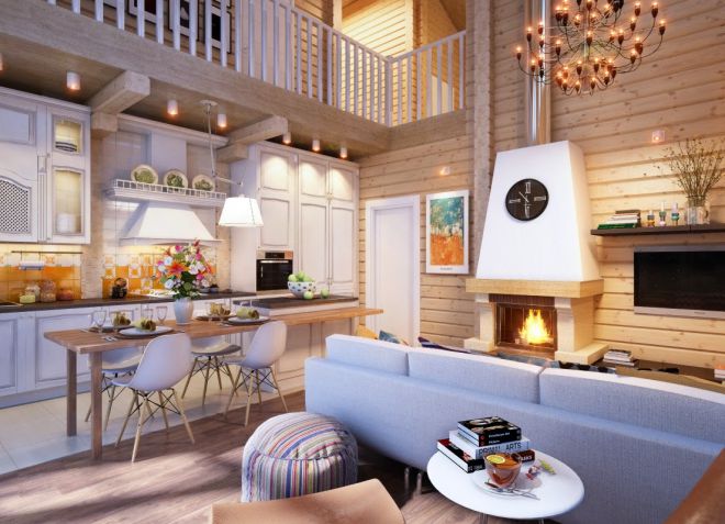 Interiér kuchyně-obývací pokoj v dřevěném domě