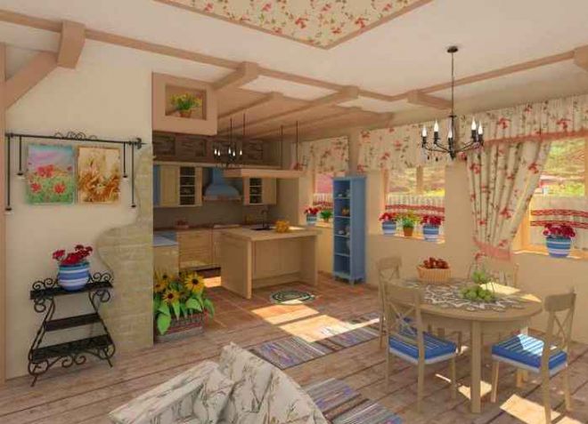 Interiér kuchyně-obývací pokoj v dřevěném domě Provence