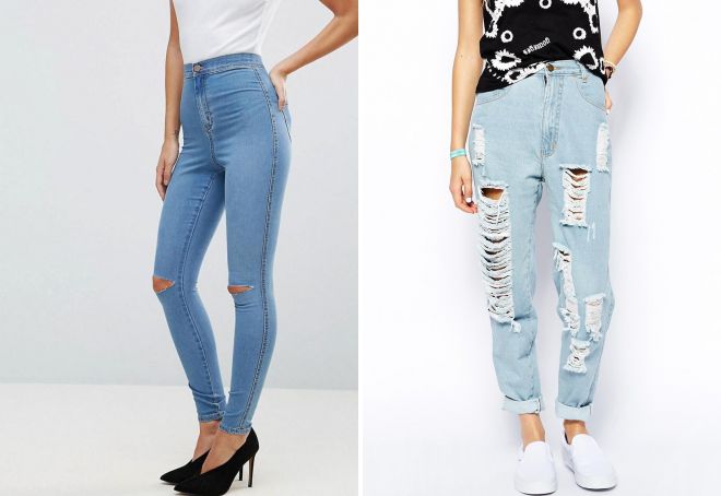 джинсы с завышенной талией и дырками