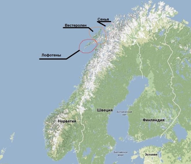 Лофотенские острова на карте страны Норвегия