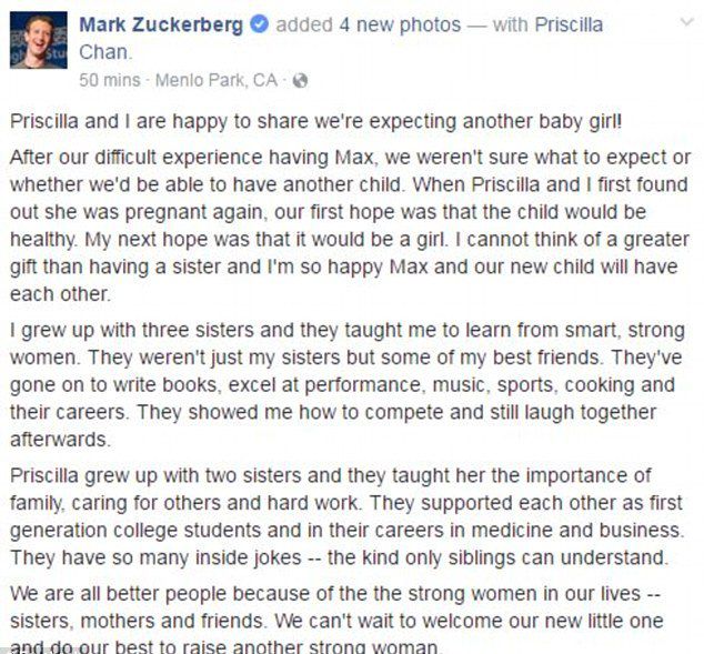 О беременности жены Марк Цукерберг сообщил на своей странице в Facebook