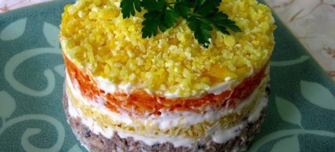 Салата от мимоза с консервирана храна и сирене - рецепта
