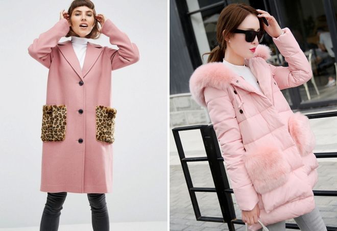 розовое пальто с меховыми карманами
