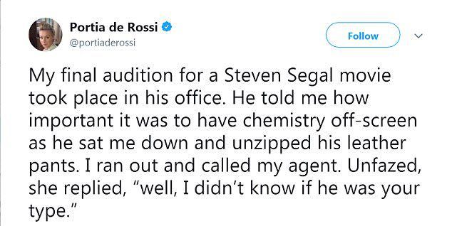 Портия де Росси рассказала в Twitter о своем опыте общения со Стивеном Сигалом