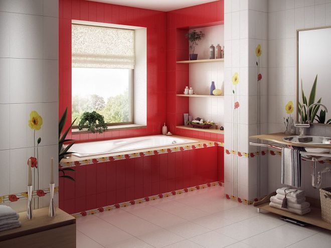 Червен цвят в интериора на банята
