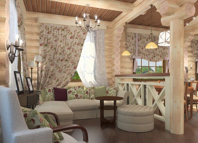 гостиная в деревянном доме в стиле кантри