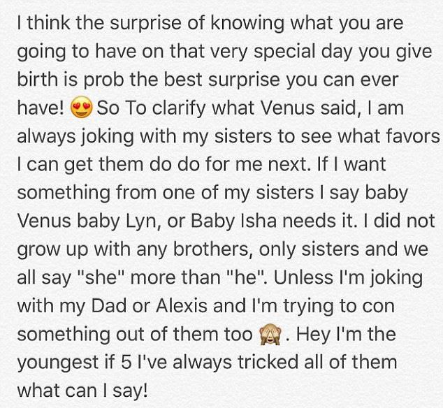 Серена в Instagram подтвердила, что  не знает пол их будущего малыша