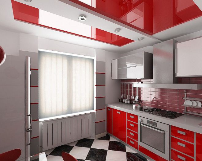 красный потолок на кухне